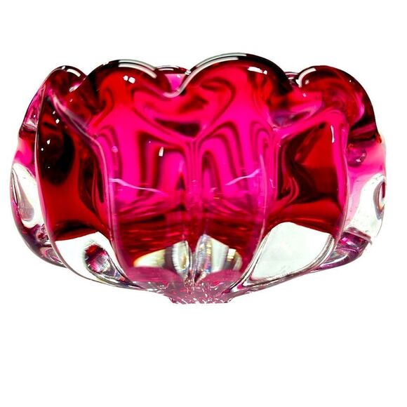 VTG EGERMANN ART GLASS CLAMSHELL BOWL CZECH REPUBLIC CRANBERRY SOMMERSO DESIGN - Picture 3 of 9